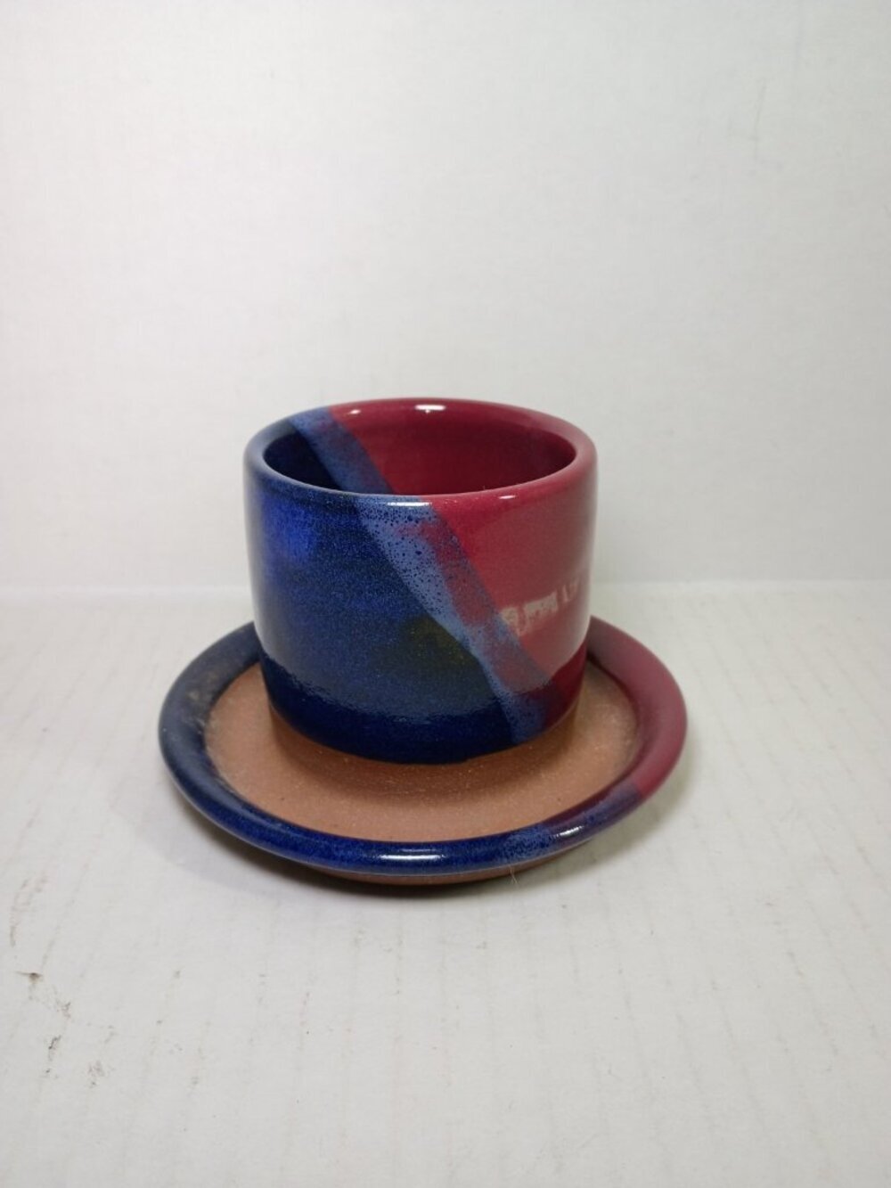 Signed Art Pottery Deep Blue And Red Glazed Planter Attached Base Candle Holder